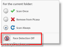 picasa에서 안면 스캐너 및 안면 인식 비활성화