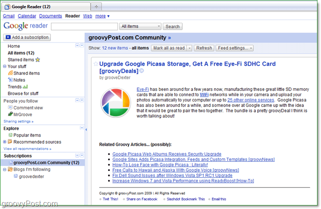 Google feed-läsare fungerar bra när du läser dina RSS-flöden