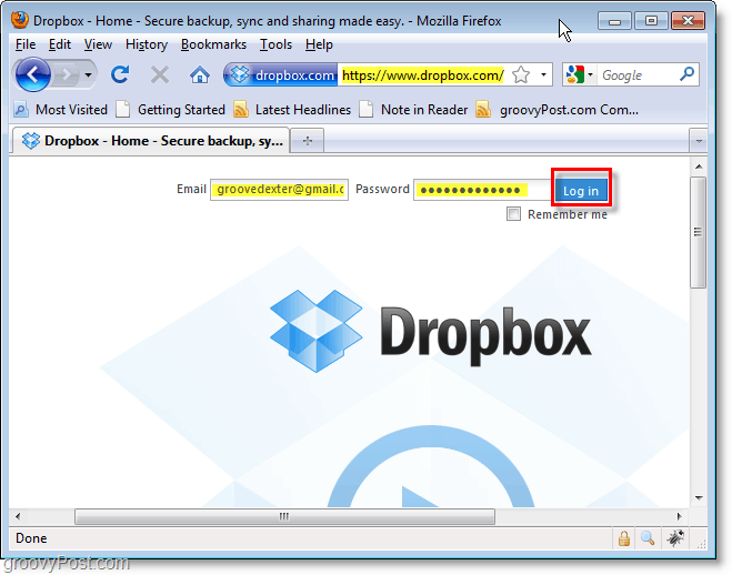 Snimka zaslona Dropboxa - prijavite se na dropbox