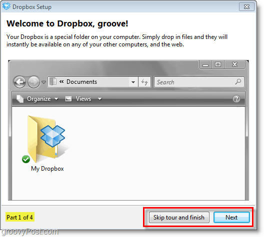 Dropbox-skjermbilde - hopp over "turneen"