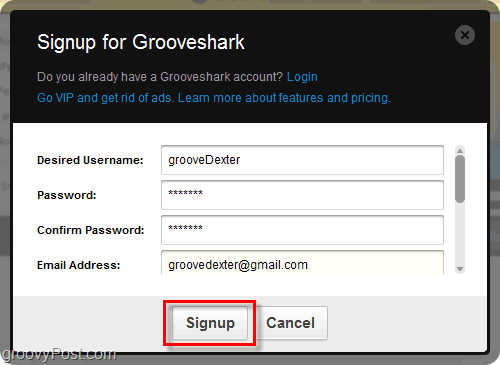 Grooveshark साइनअप प्रक्रिया