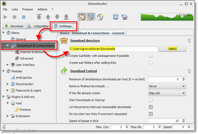 ændre jdownloader standard download mappe