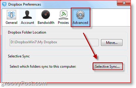 Paspauskite „DropBox Advanced Preferences“ pasirinktinio sinchronizavimo mygtuką