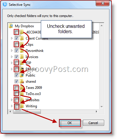 Odabir mape Windows Selective Sync Dropbox