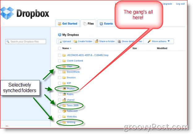 Zaslon za selektivne sinkronizacijske mape Dropbox