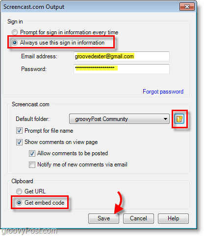 defina seu login para sempre usar as mesmas informações, obter código de incorporação e criar uma pasta padrão