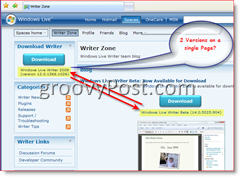Imagen del blog de Windows Live Writer que muestra 2 compilaciones diferentes disponibles para descargar