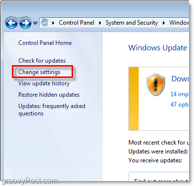 Windows 7 - Снимка на екрана за връзка за конфигурация на актуализацията на Windows