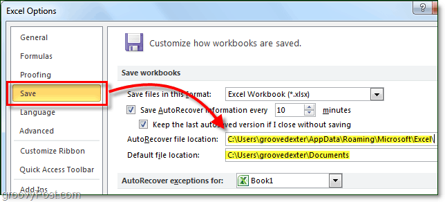 salvare le posizioni in Office 2010 per il salvataggio automatico e il salvataggio predefinito