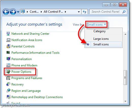 Vaihda Windows 7 -ohjauspaneeli nähdäksesi pienillä kuvakkeilla ja napsauta sitten virta-asetukset-painiketta