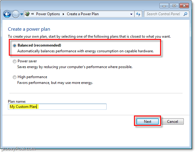 opcjonalnie możesz utworzyć niestandardowy plan zasilania systemu Windows 7