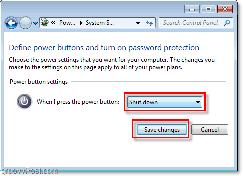 säädä, mitä Windows 7-sammutuspainike tekee, napsauta Tallenna muutokset loppuun
