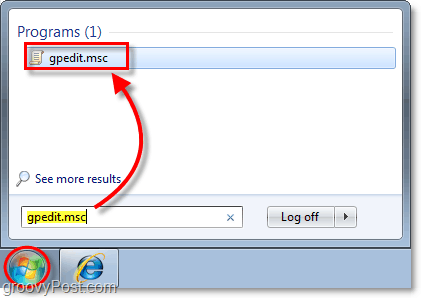 Įveskite „gpedit.msc“ į „Windows 7“ užduočių juostą, kaip patekti į vietinės grupės strategijos rengyklę 7 lange