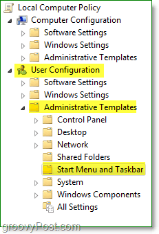 ในหน้าต่างนโยบายกลุ่มโลคัล windows 7 เรียกดูคอนฟิกูเรชันผู้ใช้เทมเพลตการดูแลระบบจากนั้นเริ่มเมนูและทาสก์บาร์