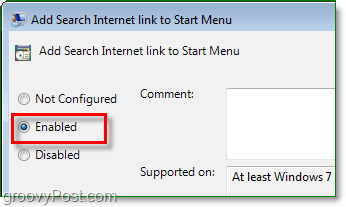 ตรวจสอบปุ่มตัวเลือกที่เปิดใช้งานเพื่อเปิดใช้งานลิงค์เมนูเริ่มการค้นหาอินเทอร์เน็ตของ windwos 7 คลิกตกลงเพื่อเสร็จสิ้น