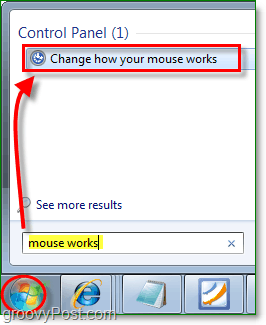 ป้อนเมาส์ทำงานในเมนูเริ่มเพื่อค้นหาหน้าต่างเปลี่ยนฟังก์ชันเมาส์ของคุณ