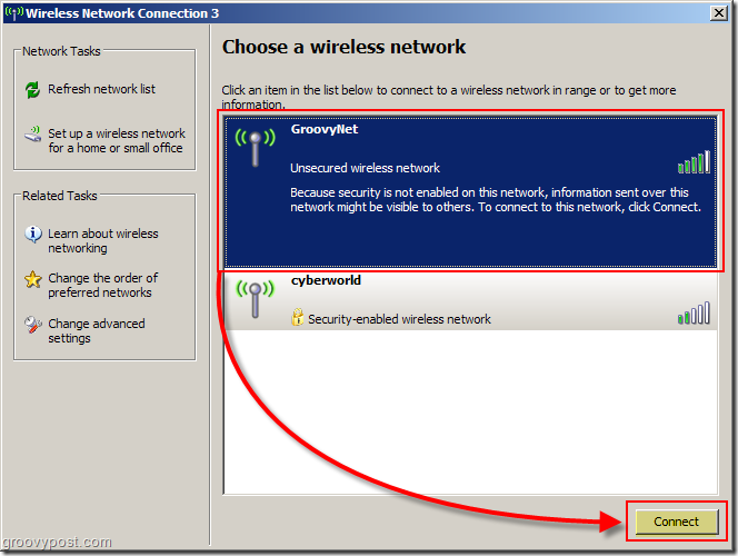 Menu di Windows XP per scegliere uno screenshot della rete wireless :: groovyPost.com