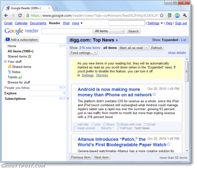 captură de ecran Google Reader