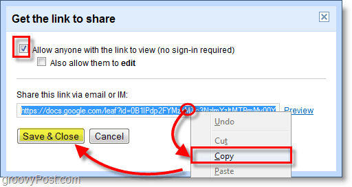Google dokumentu ekrānuzņēmums - kopējiet saiti, pēc tam saglabājiet un aizveriet