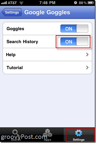 Poista hakuhistoria käytöstä Google Goggles iPhonessa