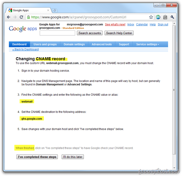 google apps email cname setup