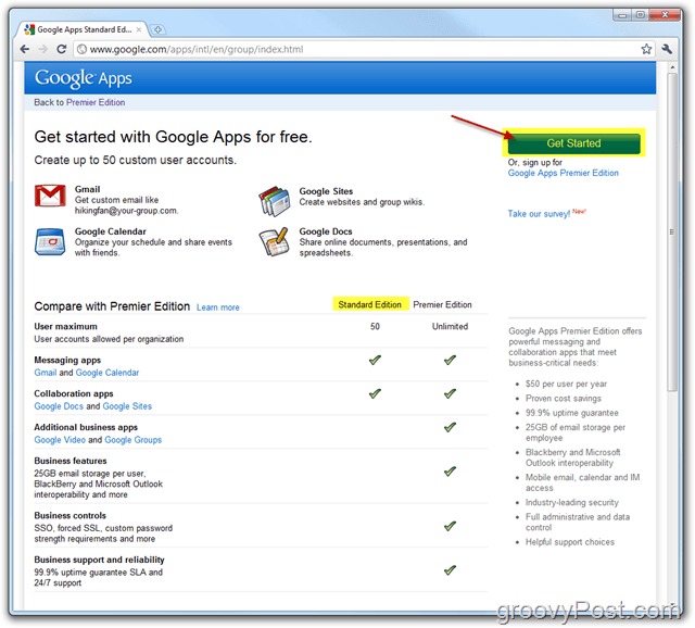 Google Apps Standard Edition-länk Kom igång
