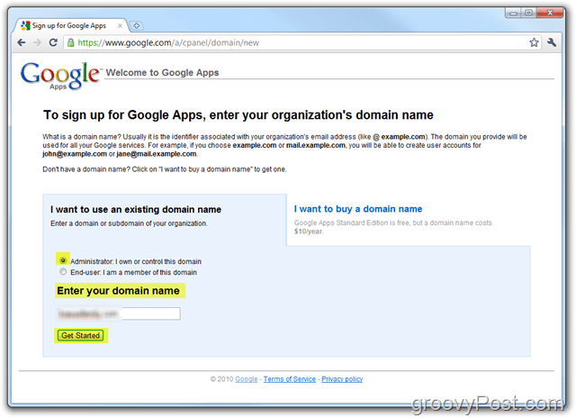 Registrering av Google Apps Standard Edition anges i domän