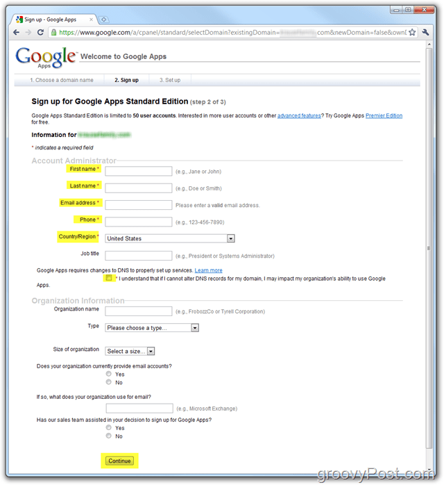 Zadajte doménu pre prihlásenie do služby Google Apps Standard Edition