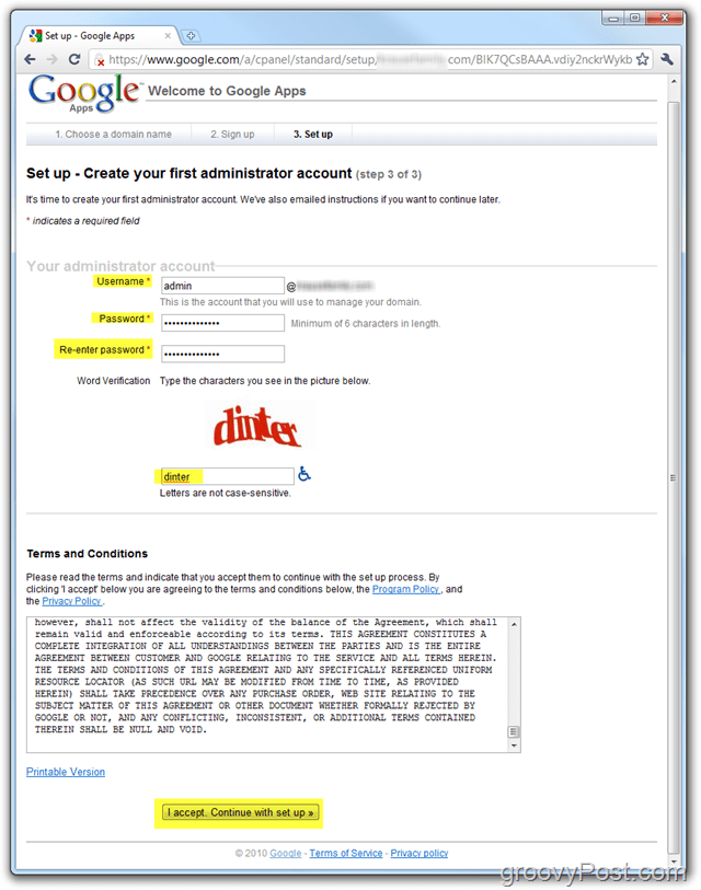 Google Apps Standard Edition 관리자 계정 만들기