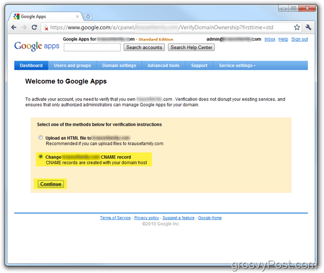 Google Apps ändrar CName-post för att verifiera ägarskapet