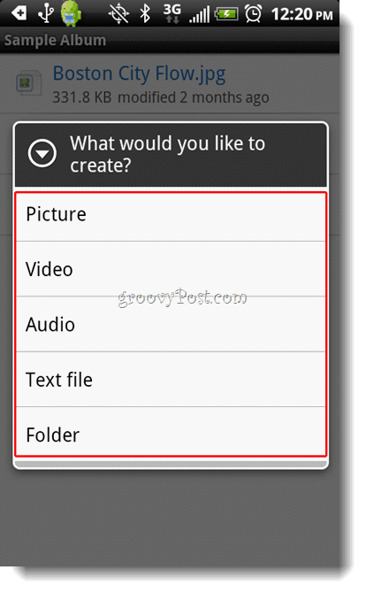 Το μενού δημιουργίας αρχείου Android Dropbox