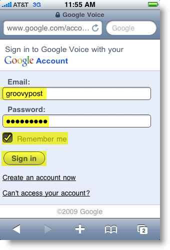 Aanmeldingspagina voor Google Voice Mobile