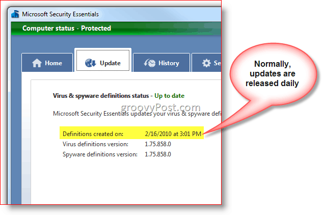 Microsoft Security Essentials - definīciju atjaunināšanas ekrānuzņēmums
