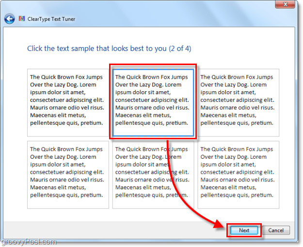 الخطوة 2 من معايرة clearType في ويندوز 7