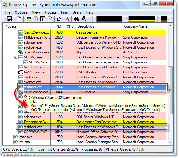 Prosessimatkailijan avulla taskhost.exe ja svchost.exe