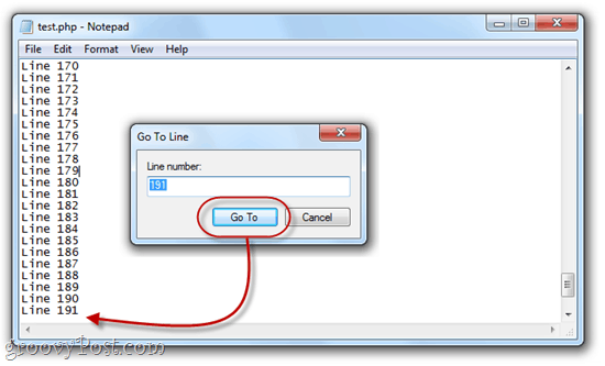 ไปที่ Line ใน Notepad