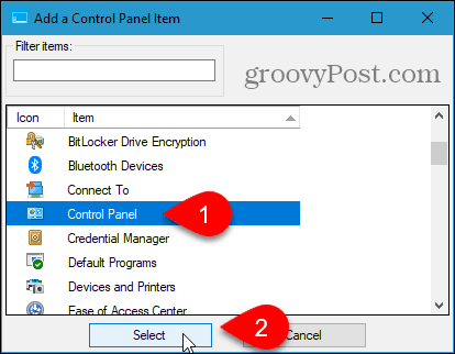 Win + X Menü Düzenleyicisi'ne Denetim Masası Öğesi Ekleme iletişim kutusu