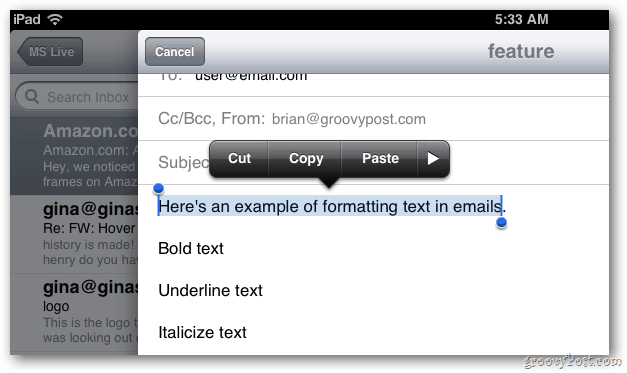 Apple iOS 5 Mail: ขณะนี้มีการจัดรูปแบบข้อความในข้อความ