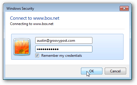 Geben Sie die Anmeldeinformationen von box.net ein Geben Sie die Anmeldeinformationen von box.net ein