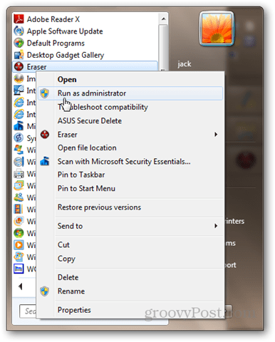 Kør Eraser som administrator
