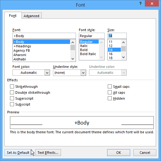 Microsoft Word 글꼴 화면