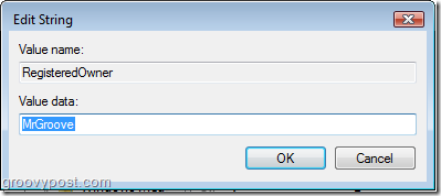 Редактиране на регистърния ключ на MrGroove, за да зададете информация за собствеността в Vista