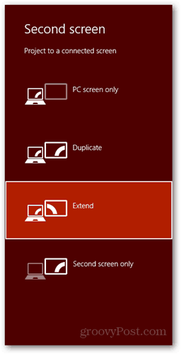 atalho de teclado do Windows 8 conectar novo diálogo de tela pc tela duplicada estender a segunda tela apenas estender estender estender