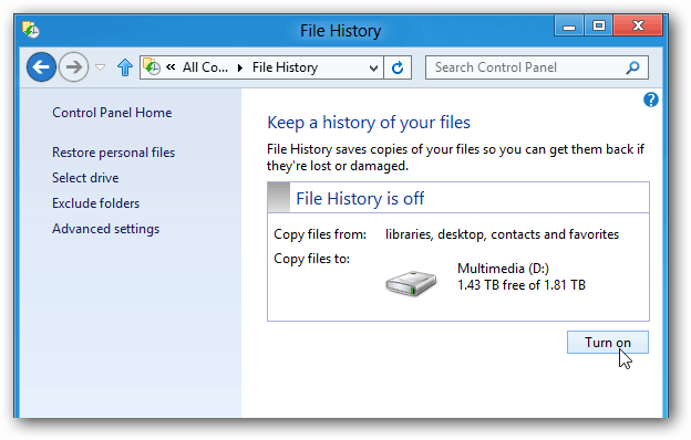 Konfigurējiet Windows 8 failu vēsturi, lai atgūtu izdzēstos failus
