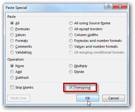 excel transpose