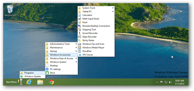 Windows 8 abrindo um novo menu iniciar através da barra de ferramentas da barra de tarefas