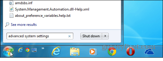 उन्नत सिस्टम सेटिंग्स विंडोज 7 खोज