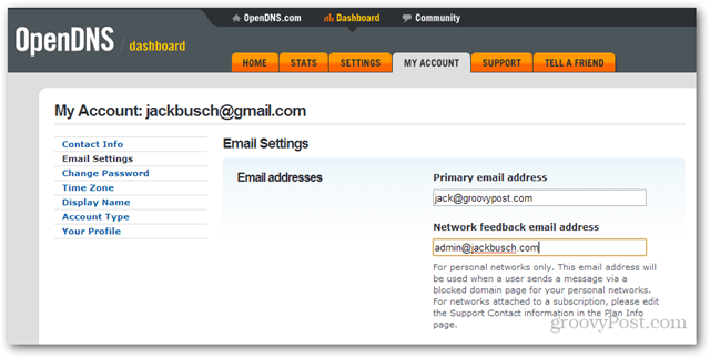 cambia addy email amministratore di rete opendns