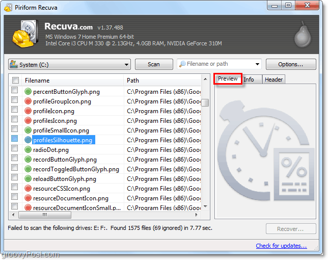 use recuva para obtener una vista previa de las imágenes eliminadas y recopilar otra información de archivo