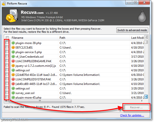 recupera i file dalla cancellazione usando recuva, seleziona i file come desideri